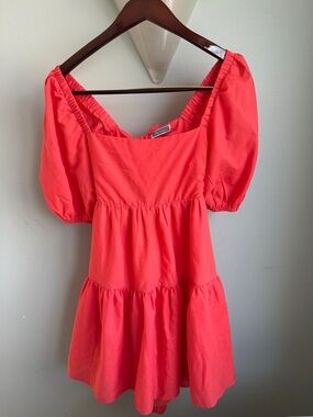 Smocked Puff-Sleeve Mini Dress - Coral